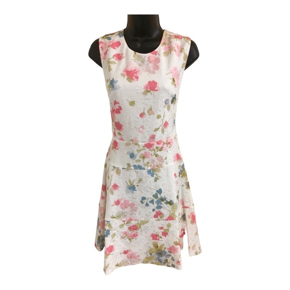 Karl Lagerfeld white jacquard print floral pink green rose fit & flare dress sz8 - Picture 1 of 14